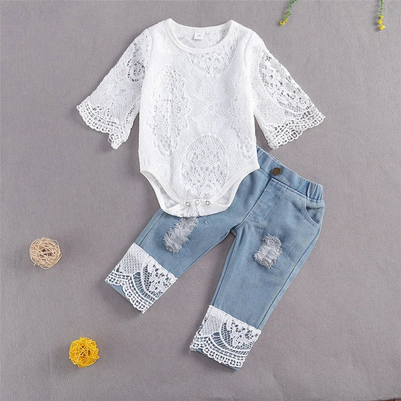 Baby Girls Fall Clothes Long Sleeve Lace Romper Suit Triangle Crotch Lace Top Hole Long Jeans 2Pcs Outfit