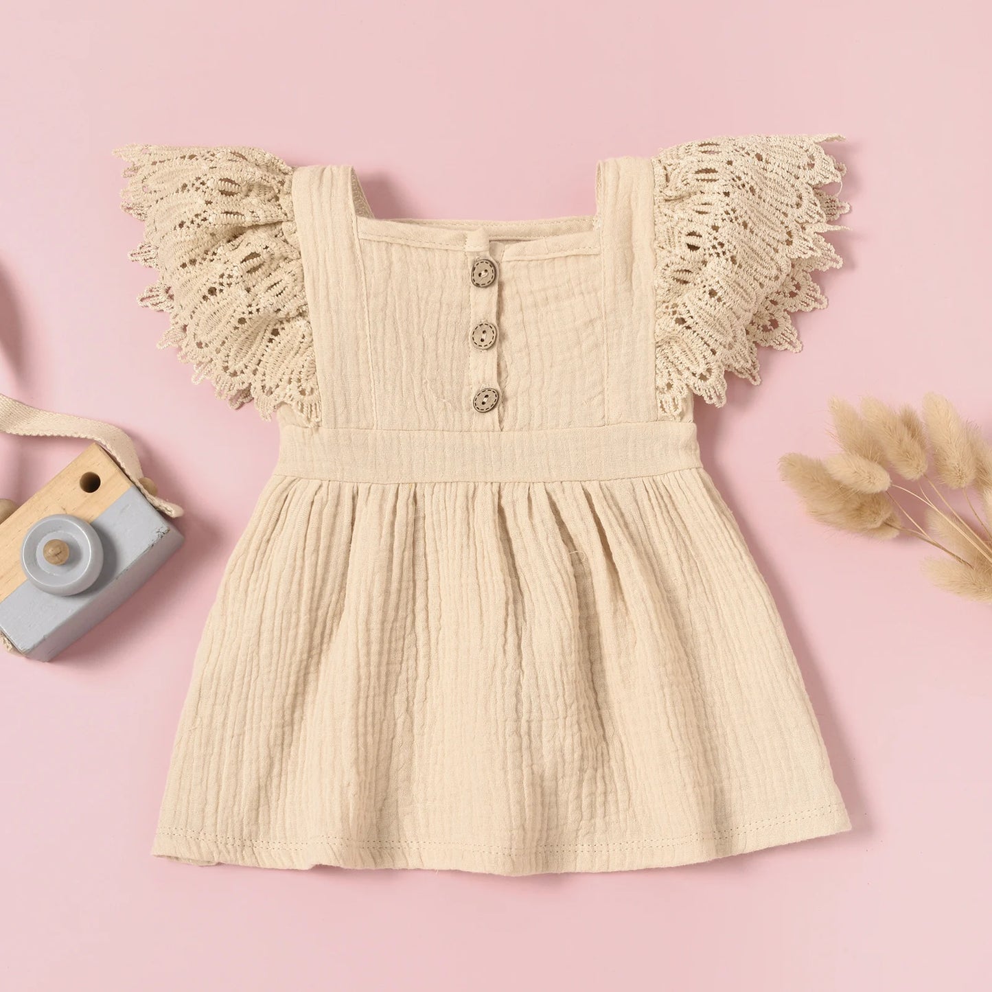 Newborn Infant Baby Girls Casual Dress Solid Color Short Fly Sleeves Clothing Yellow/ Grey Blue/ Pink/ Apricot