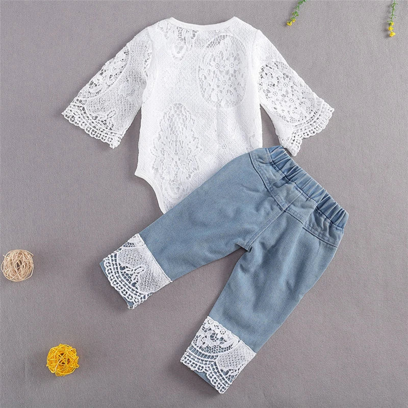 Baby Girls Fall Clothes Long Sleeve Lace Romper Suit Triangle Crotch Lace Top Hole Long Jeans 2Pcs Outfit