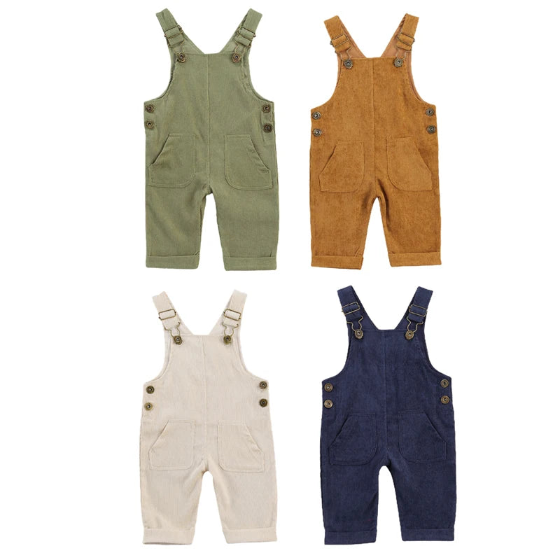 Baby Boys Girl Suspender Pants Buttons Loose Fit Solid Color Adjustable Buckle Jumpsuit Pockets Fashion Romper