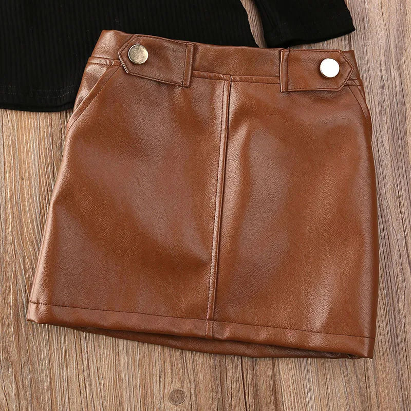Toddler Baby Girl Autumn Fashion Clothing Set Long Sleeve knitting Black Top Leather Skirt 2Pcs Outftfit