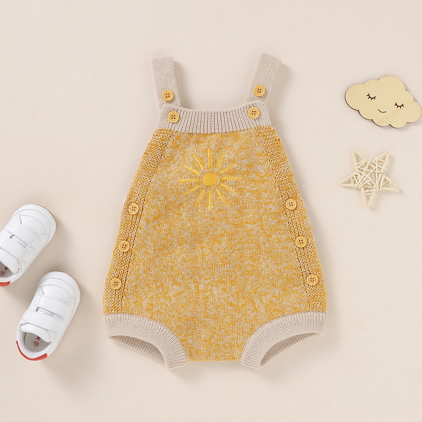 Newborn Baby Boy Girl Autumn Bodysuit Sleeveless Knitting Sun Printed Jumpsuit 2Styles