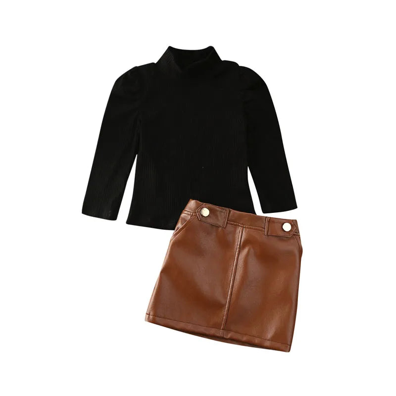 Toddler Baby Girl Autumn Fashion Clothing Set Long Sleeve knitting Black Top Leather Skirt 2Pcs Outftfit
