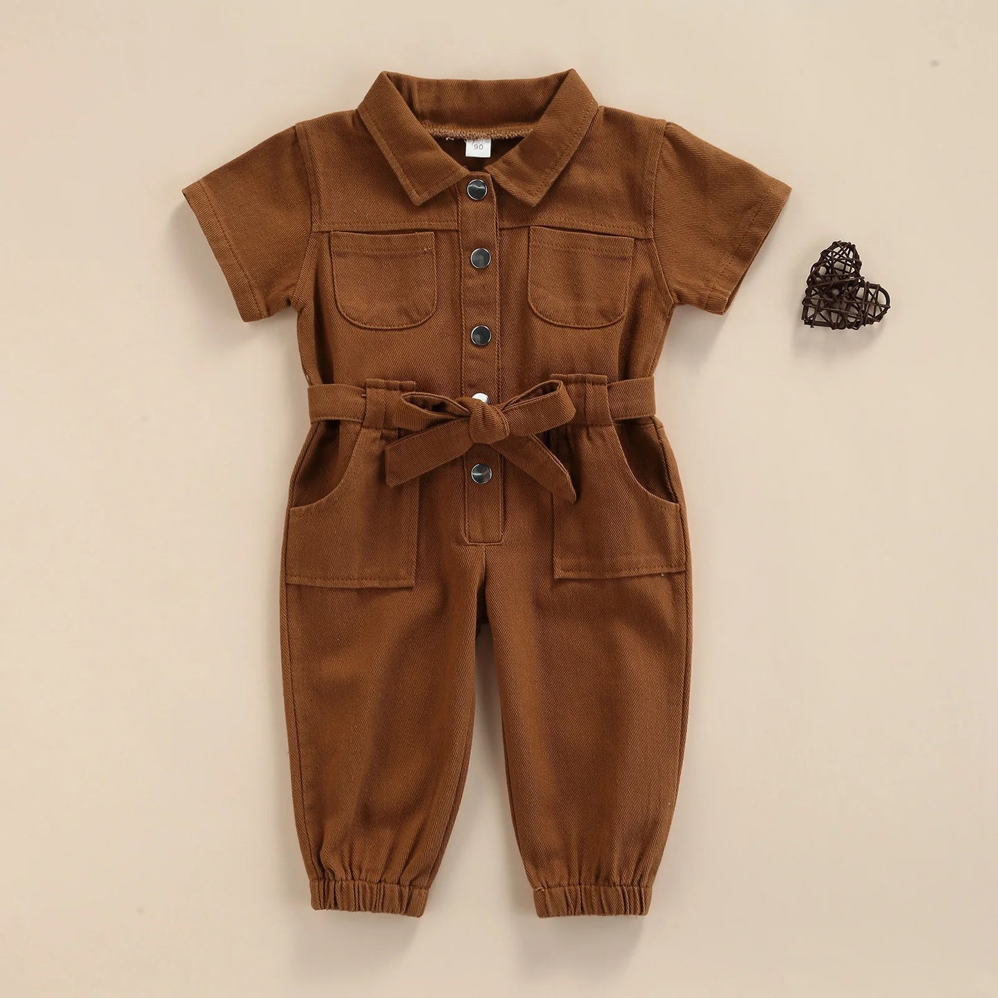 Toddler Baby Girl’s Casual Long Sleeve Jumpsuit Fashion Solid Lapel Pocket Single-breasted Pants