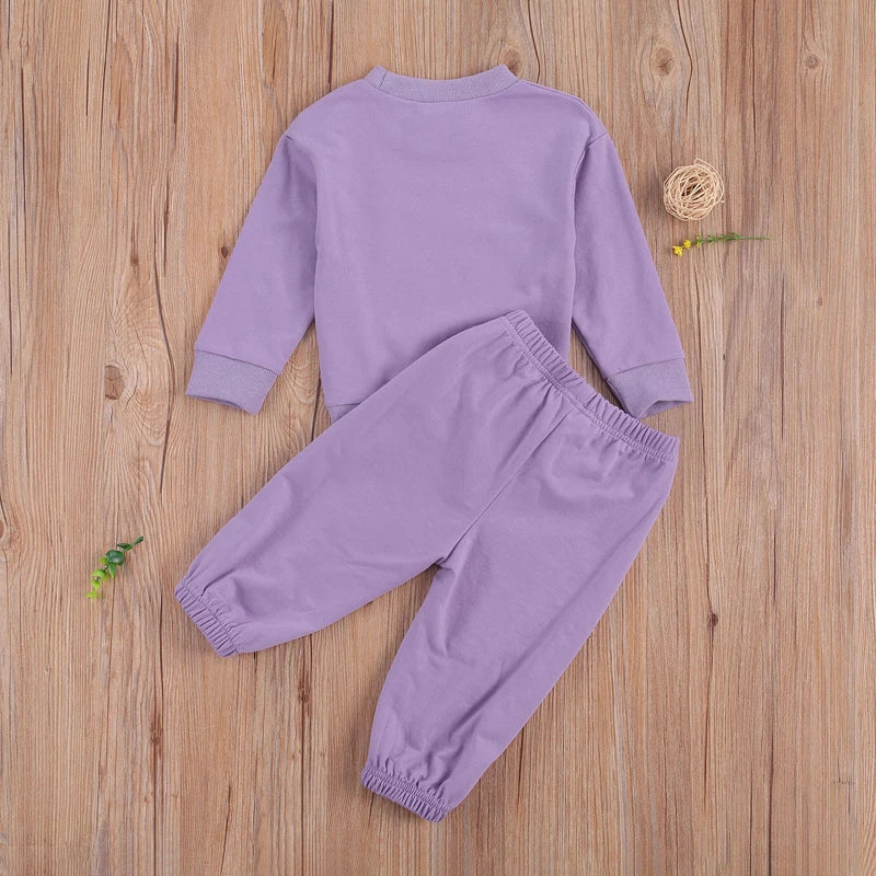 Girl 2Psc Set Kid's Solid Color Crew Neck Long Sleeve Pullover Toddler's Elastic Lace Up Trousers