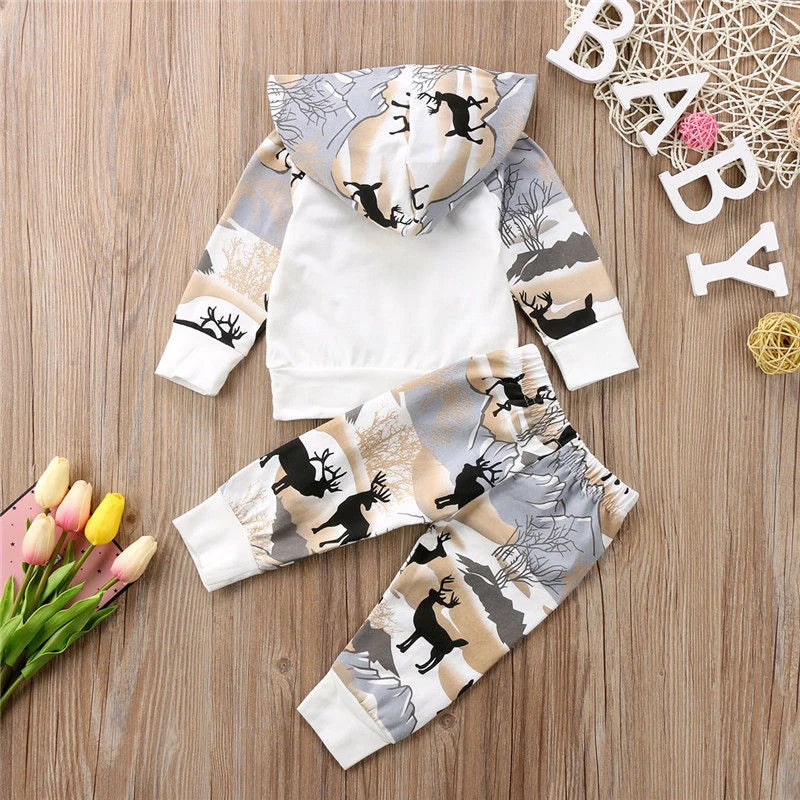 New Fashion Newborn Baby Boys Girl Deer Hooded Tops Sweater Long Pants Outfits Clothes Set