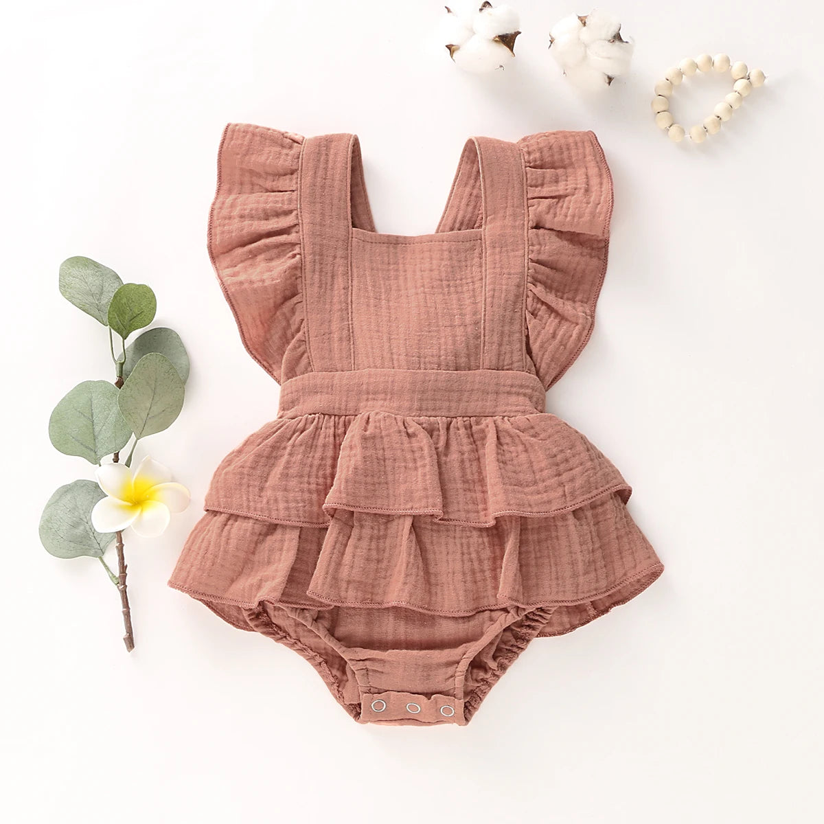 Newborn Baby Girl Clothes Ruffle Hem Cotton Solid Color Sleeveless Jumpsuit Overall Outfit Casual Set