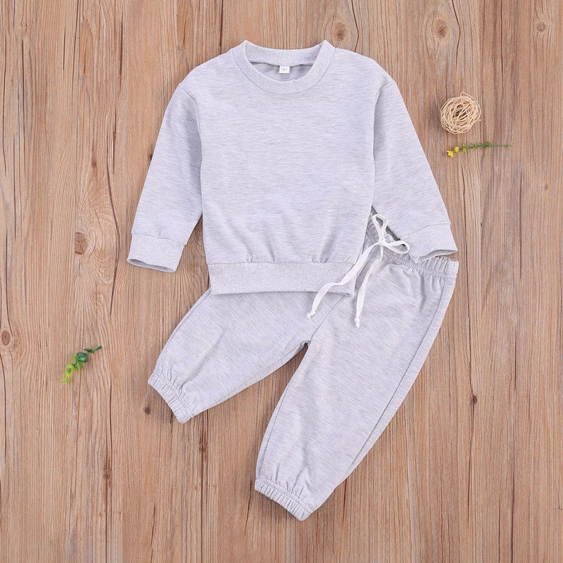 Girl 2Psc Set Kid's Solid Color Crew Neck Long Sleeve Pullover Toddler's Elastic Lace Up Trousers