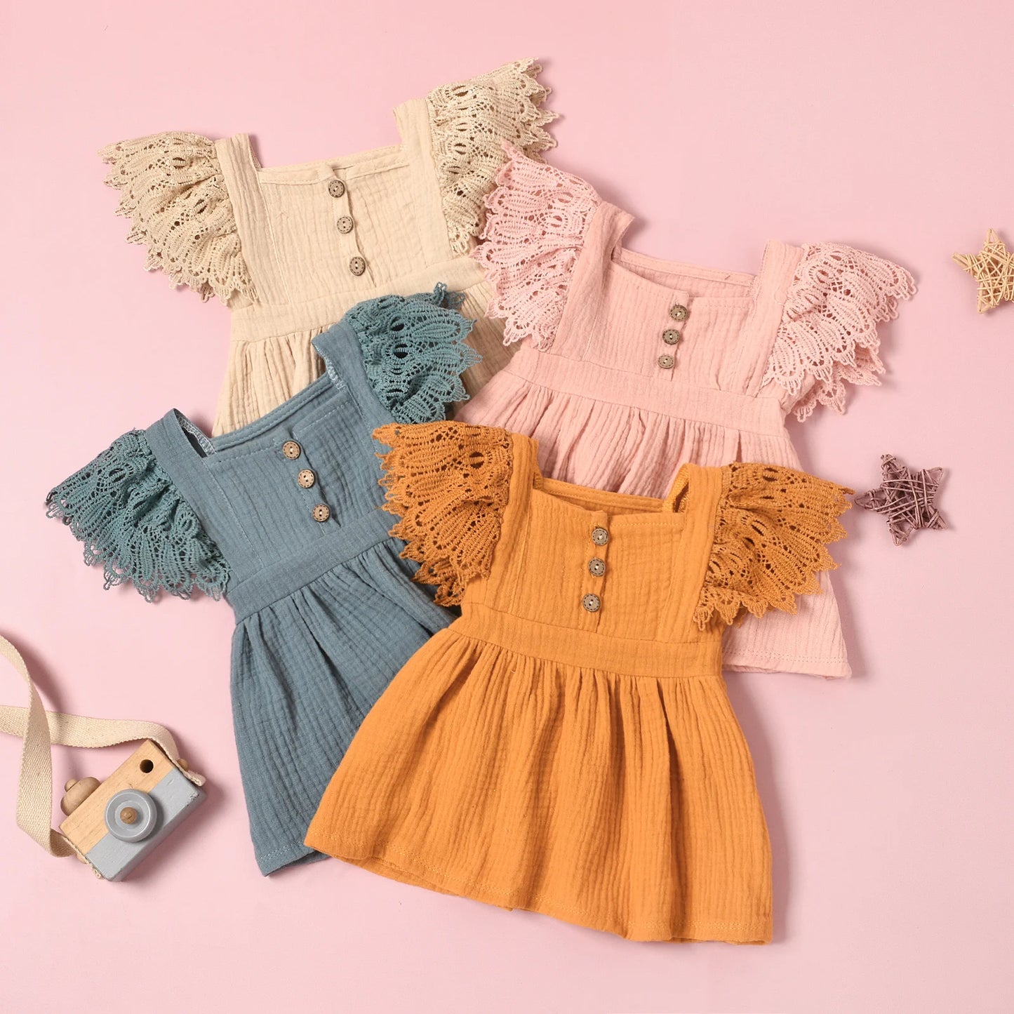 Newborn Infant Baby Girls Casual Dress Solid Color Short Fly Sleeves Clothing Yellow/ Grey Blue/ Pink/ Apricot