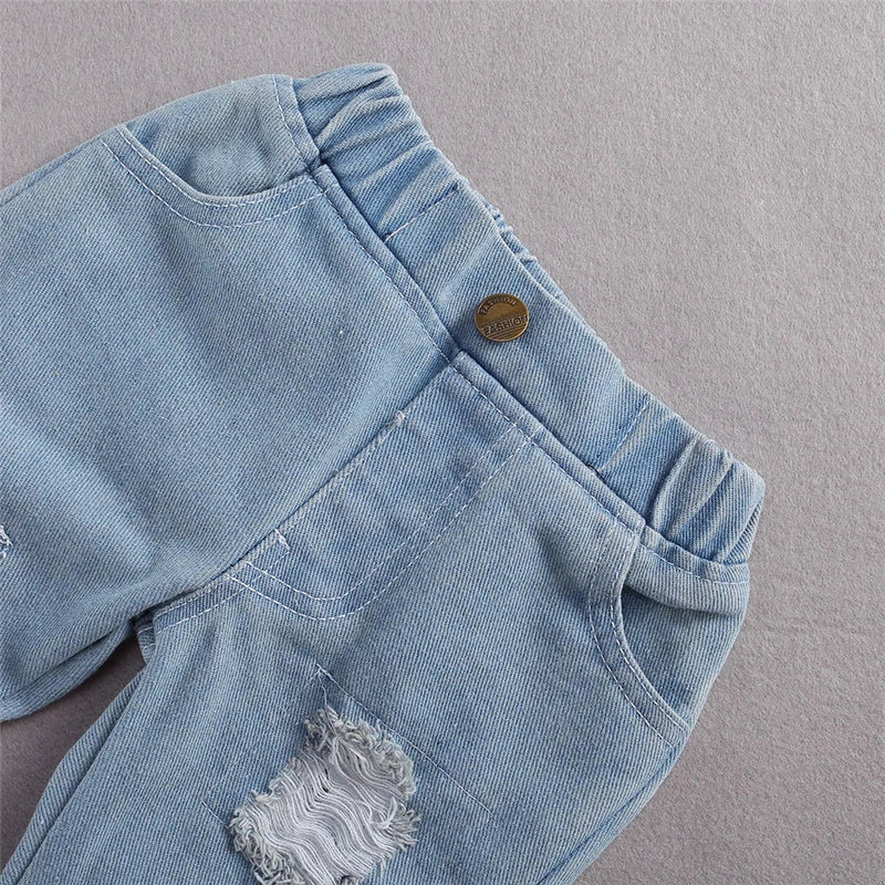 Baby Girls Fall Clothes Long Sleeve Lace Romper Suit Triangle Crotch Lace Top Hole Long Jeans 2Pcs Outfit