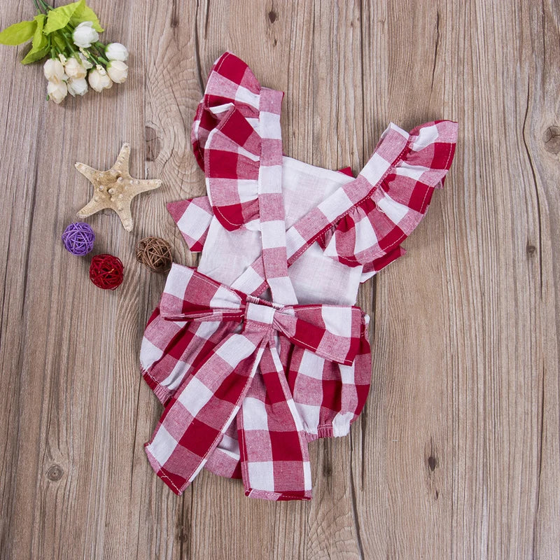Newborn Infant Kids Baby Girls Summer Off Shoulder Plaid Romper + Plaid Bow