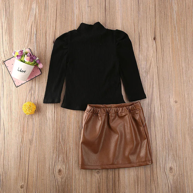 Toddler Baby Girl Autumn Fashion Clothing Set Long Sleeve knitting Black Top Leather Skirt 2Pcs Outftfit