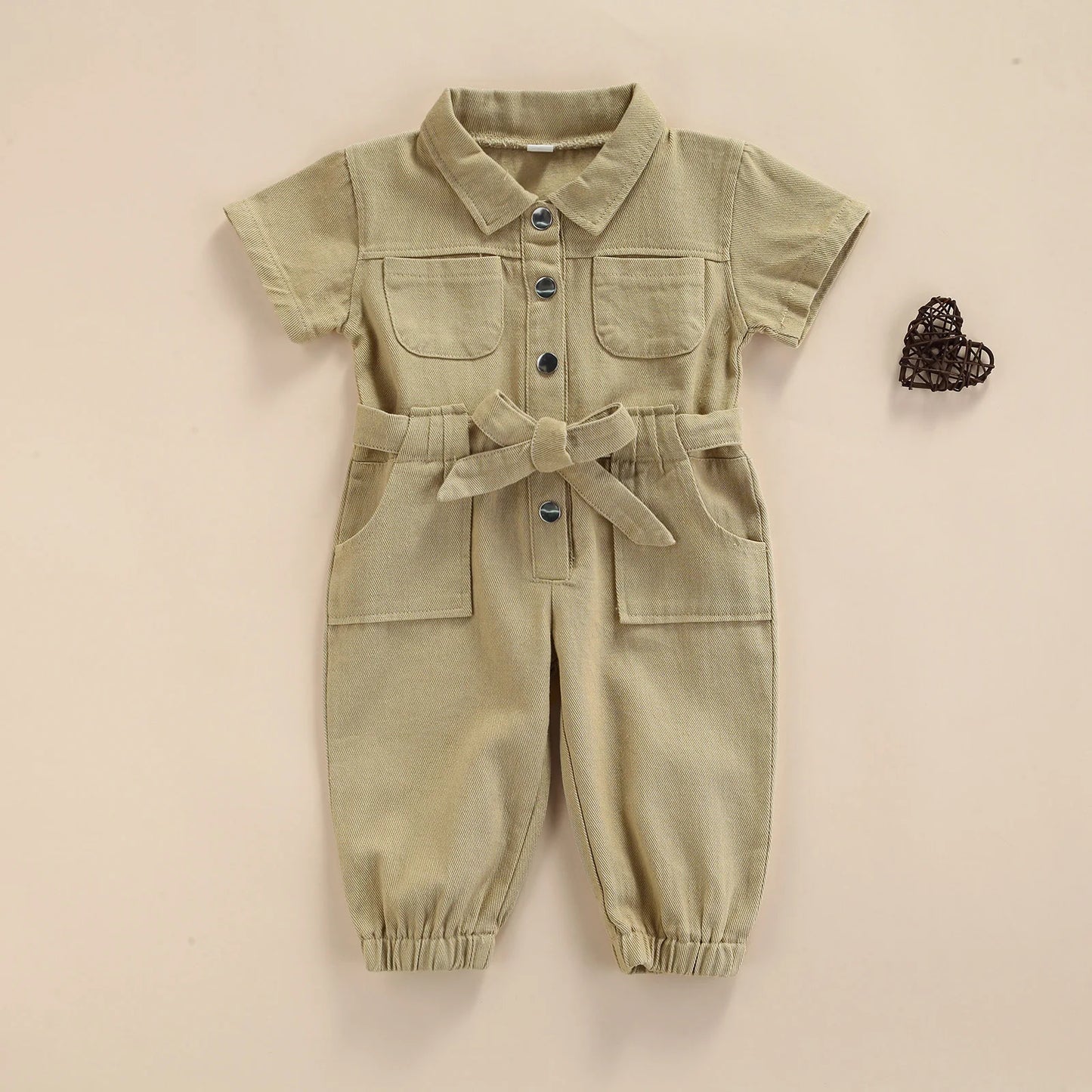 Toddler Baby Girl’s Casual Long Sleeve Jumpsuit Fashion Solid Lapel Pocket Single-breasted Pants