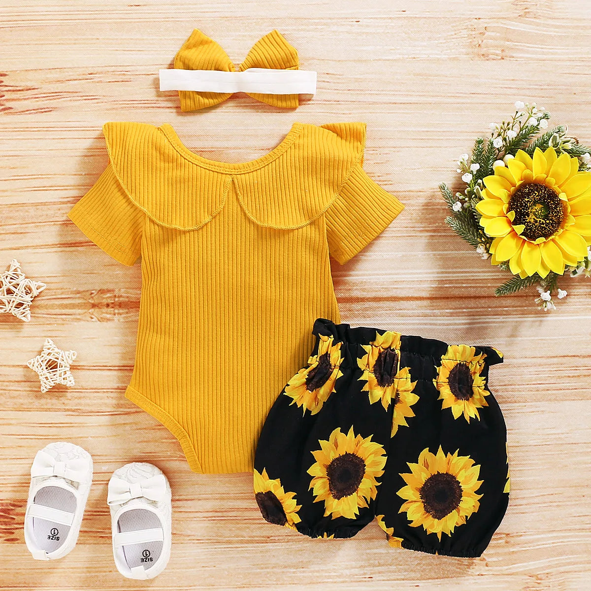 Newborn Infant Baby Girl Clothing Set Short Sleeve Yellow Solid Romper Top Sumflower Printed Shorts 3Pcs Outfit
