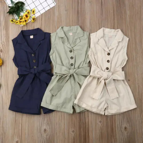 Toddler Kids Baby Girls Clothes Sleeveless Bow-tie Waist Romper Elegant Plain Solid Jumpsuit Summer Outfit