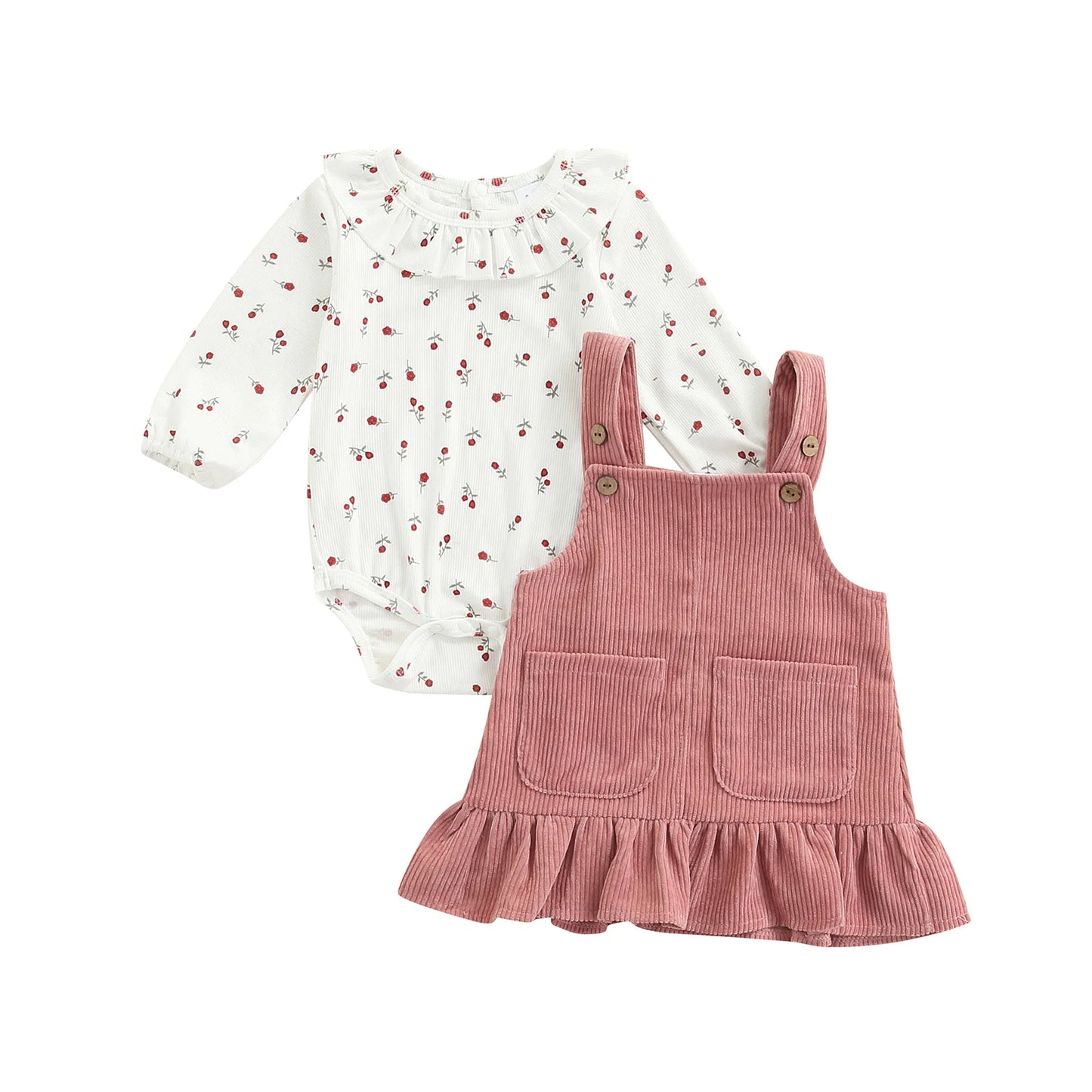 Newborn Infant Baby Girls Autumn Suit Spring Autumn Long Sleeve Floral Printed Romper Tops Solid Ruffled Dress