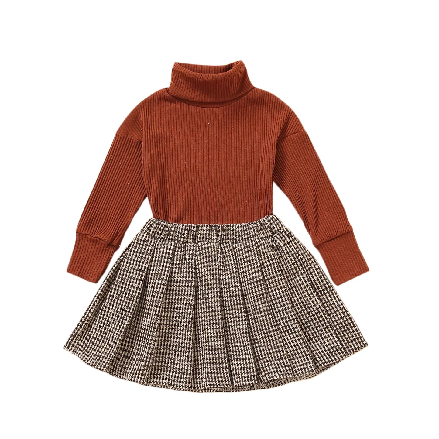 Toddler Baby Girls Casual 2Pcs Clothes Set Solid Turtleneck Knitwear Pleated Skirt Khaki/ White/ Red/ Brown