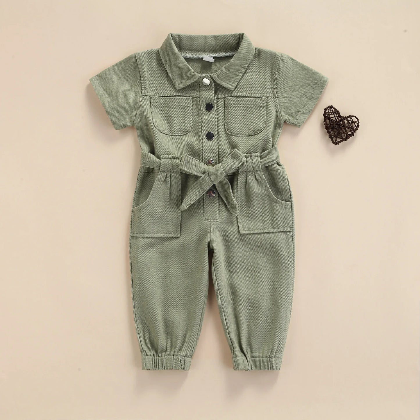 Toddler Baby Girl’s Casual Long Sleeve Jumpsuit Fashion Solid Lapel Pocket Single-breasted Pants