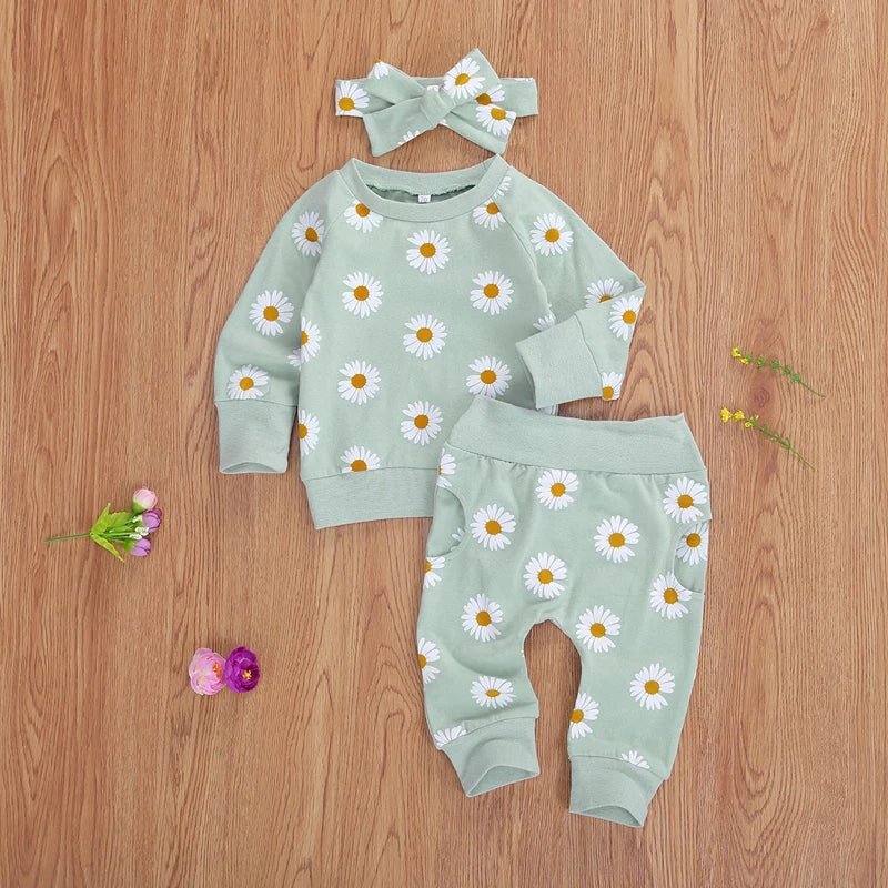 Toddler Newborn Infant Baby Girl Autumn Clothing Set Daisy Printed Cotton Top Long pants 2Pcs Outfits 3Colors