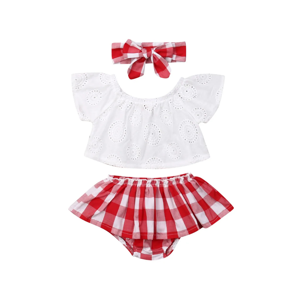 Newborn Baby Girl Clothes Cute Summer Off Shoulder Lace Tops+ Red Plaid Short Dress Headband Outfit