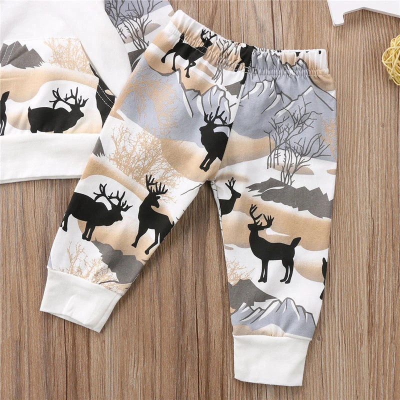New Fashion Newborn Baby Boys Girl Deer Hooded Tops Sweater Long Pants Outfits Clothes Set