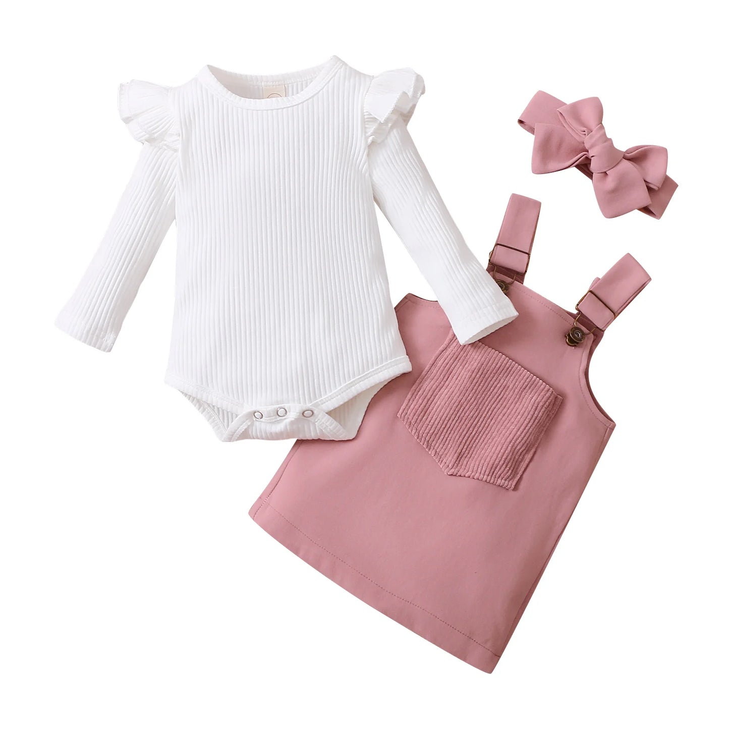 Infant Baby Girl 2Pcs Autumn Clothing Long Sleeve Solid Romper Top Suspender Skirt 2Colors