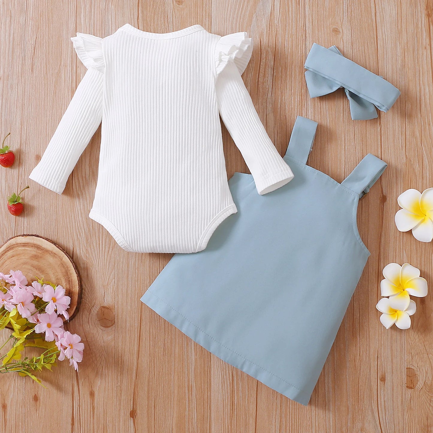 Infant Baby Girl 2Pcs Autumn Clothing Long Sleeve Solid Romper Top Suspender Skirt 2Colors