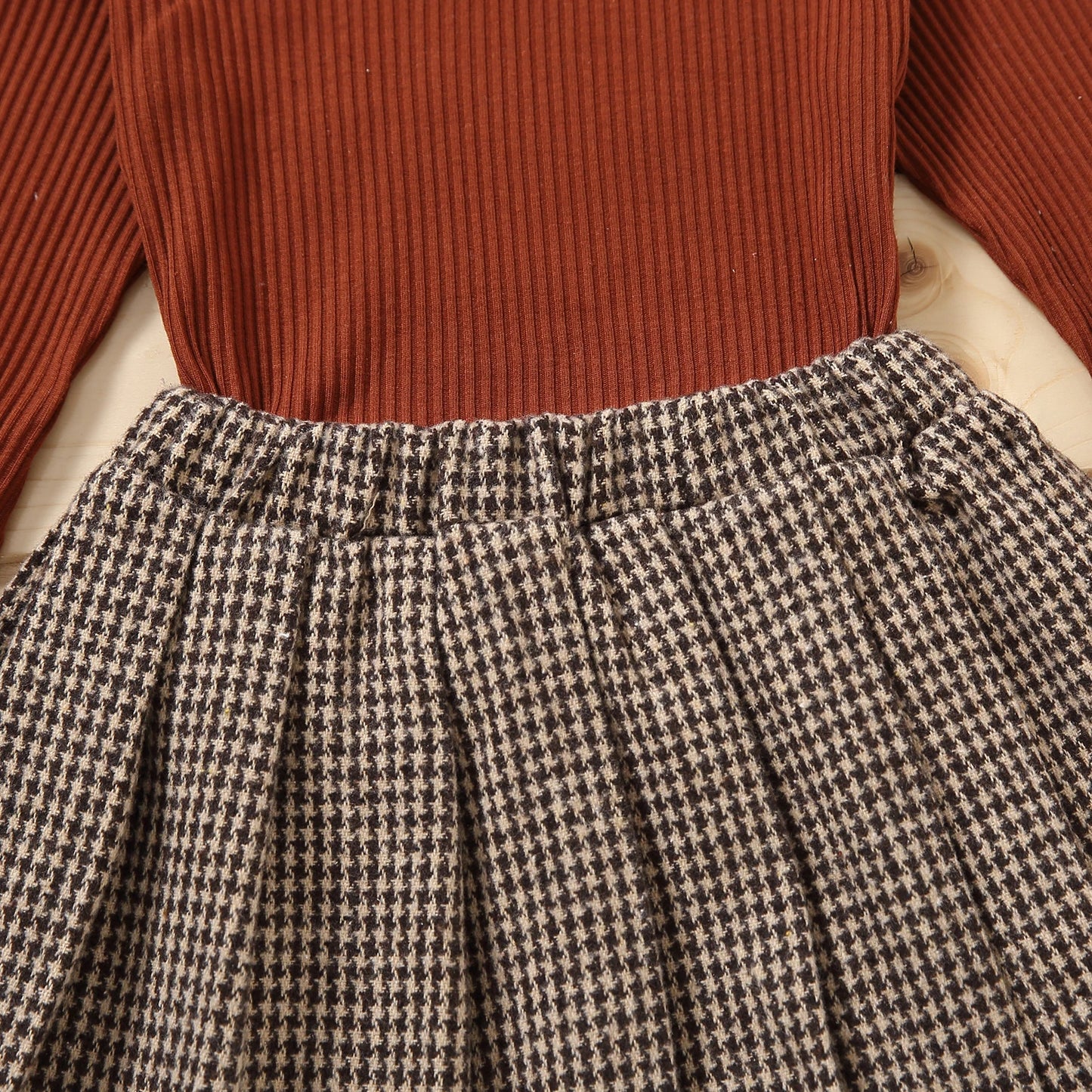 Toddler Baby Girls Casual 2Pcs Clothes Set Solid Turtleneck Knitwear Pleated Skirt Khaki/ White/ Red/ Brown