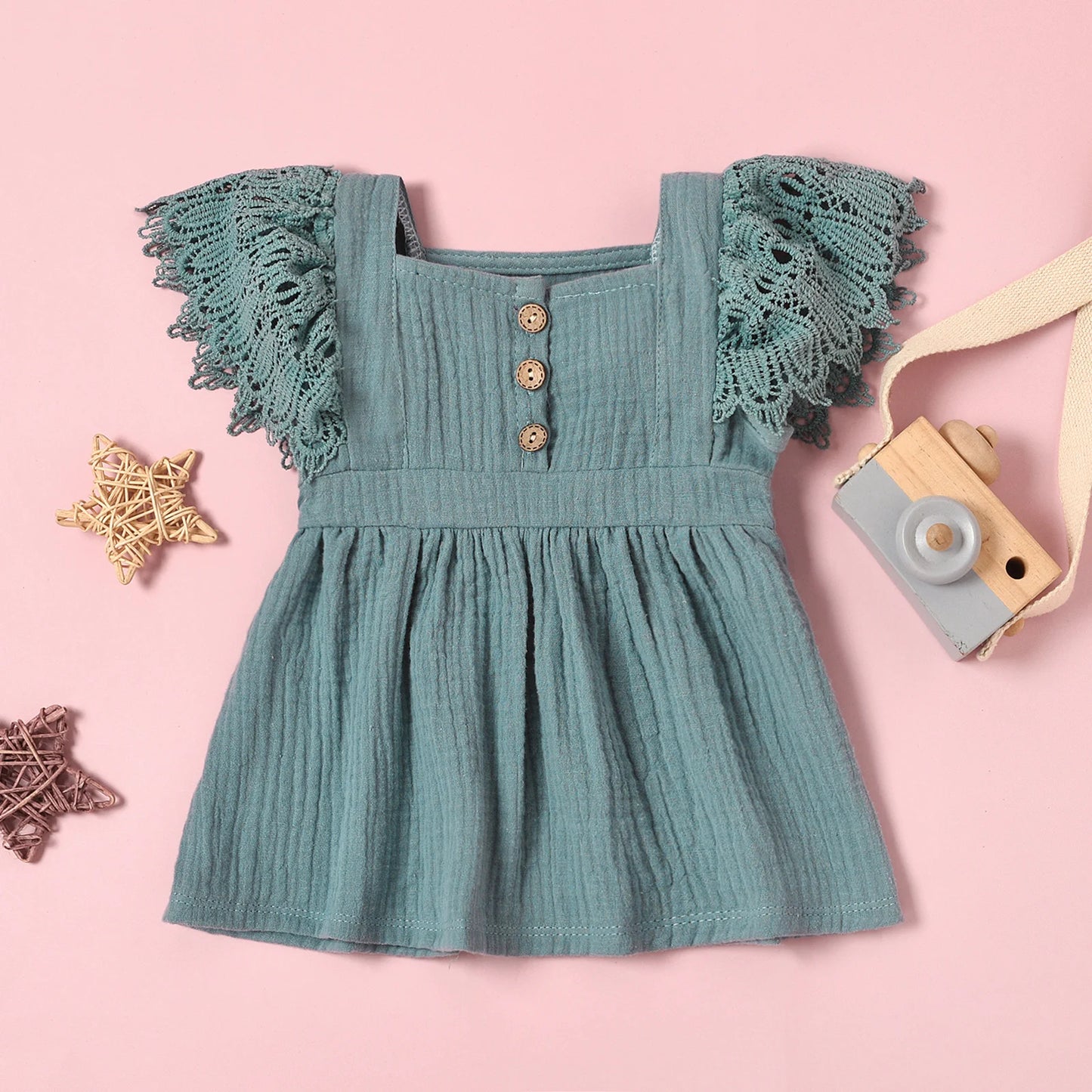 Newborn Infant Baby Girls Casual Dress Solid Color Short Fly Sleeves Clothing Yellow/ Grey Blue/ Pink/ Apricot