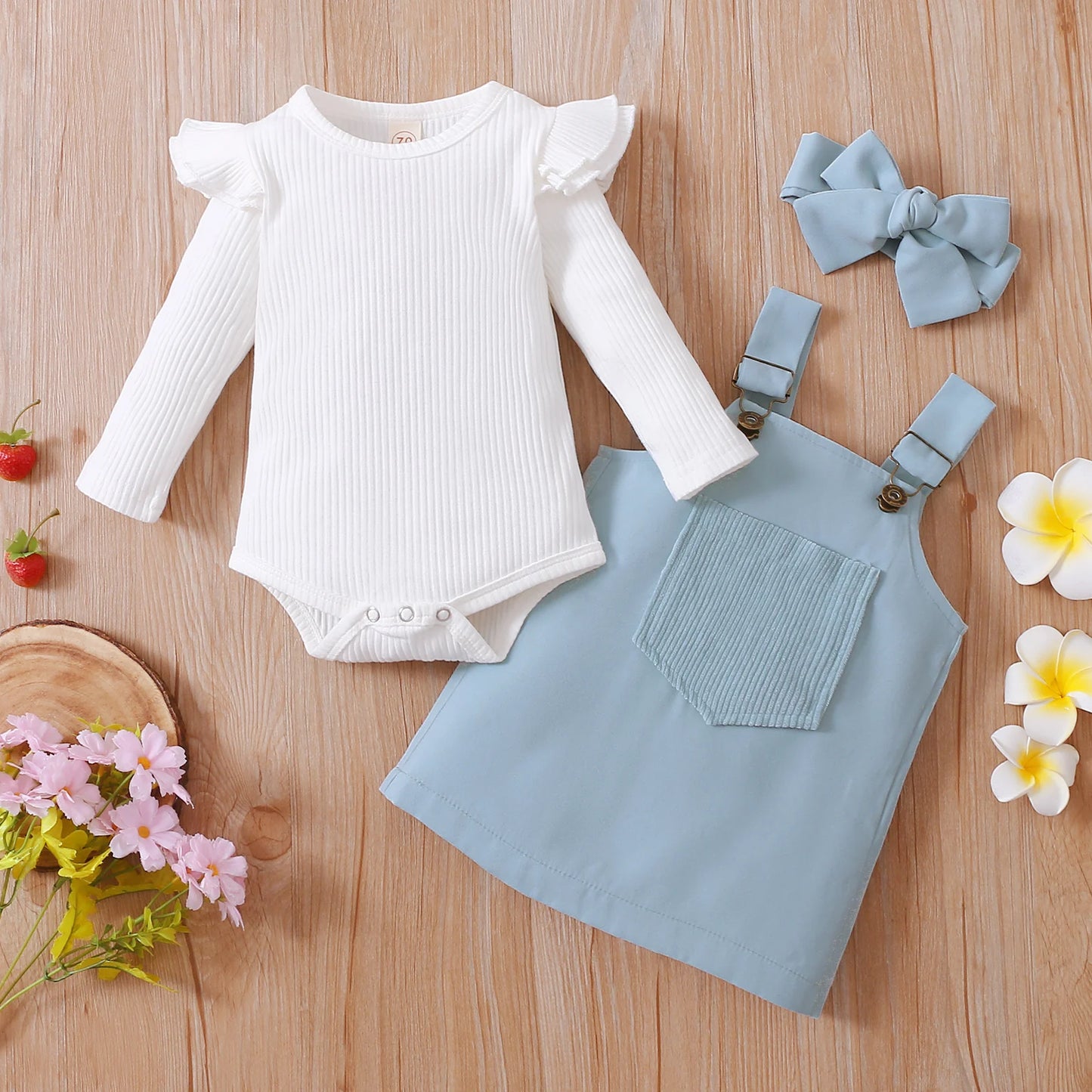 Infant Baby Girl 2Pcs Autumn Clothing Long Sleeve Solid Romper Top Suspender Skirt 2Colors