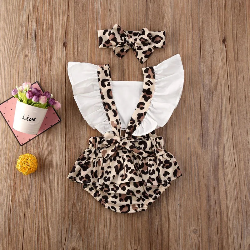 2PCS Summer Newborn Baby Girl Clothes Set Off Shoulder Leopard Bodysuit Jumpsuit Headband Outfit Set