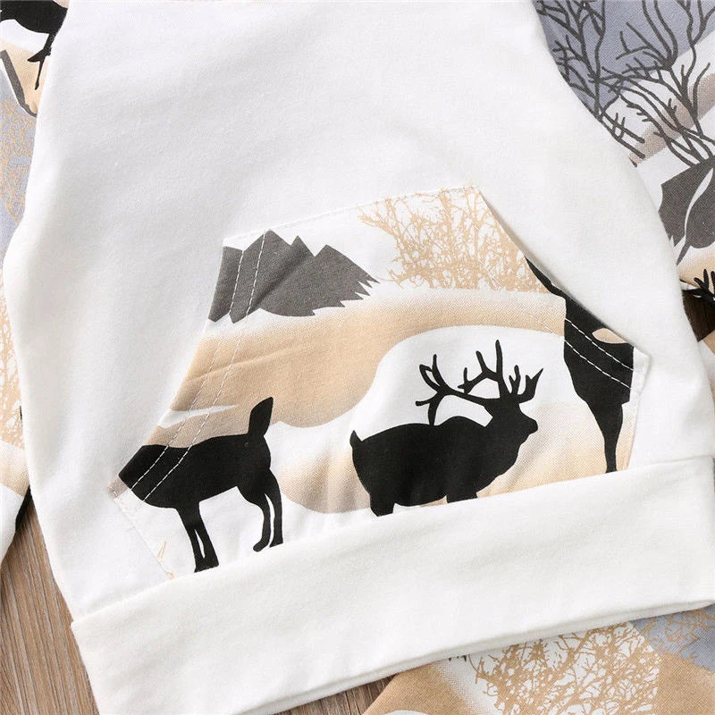 New Fashion Newborn Baby Boys Girl Deer Hooded Tops Sweater Long Pants Outfits Clothes Set