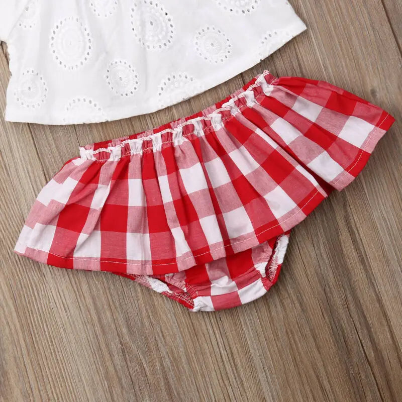 Newborn Baby Girl Clothes Cute Summer Off Shoulder Lace Tops+ Red Plaid Short Dress Headband Outfit