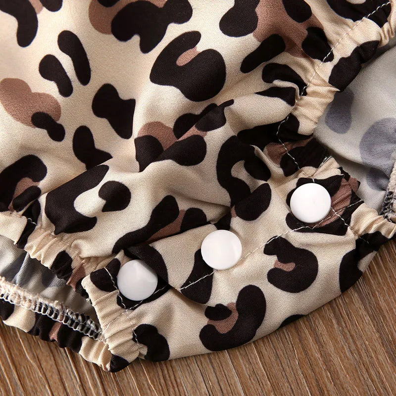 2PCS Summer Newborn Baby Girl Clothes Set Off Shoulder Leopard Bodysuit Jumpsuit Headband Outfit Set