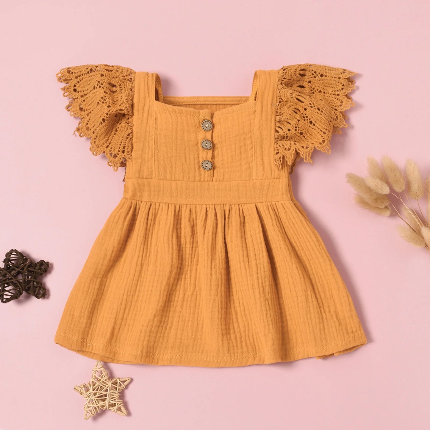 Newborn Infant Baby Girls Casual Dress Solid Color Short Fly Sleeves Clothing Yellow/ Grey Blue/ Pink/ Apricot