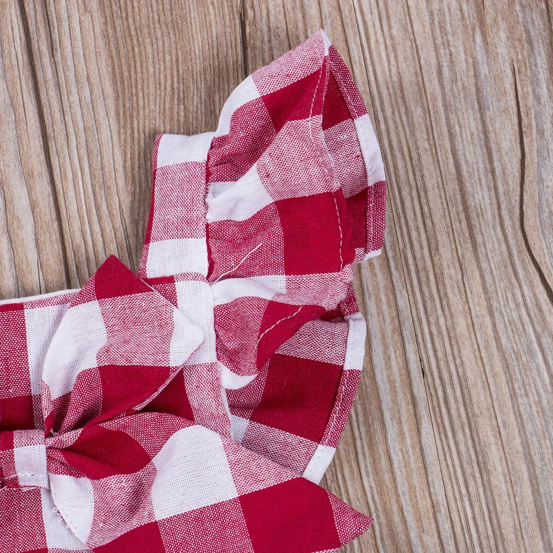 Newborn Infant Kids Baby Girls Summer Off Shoulder Plaid Romper + Plaid Bow