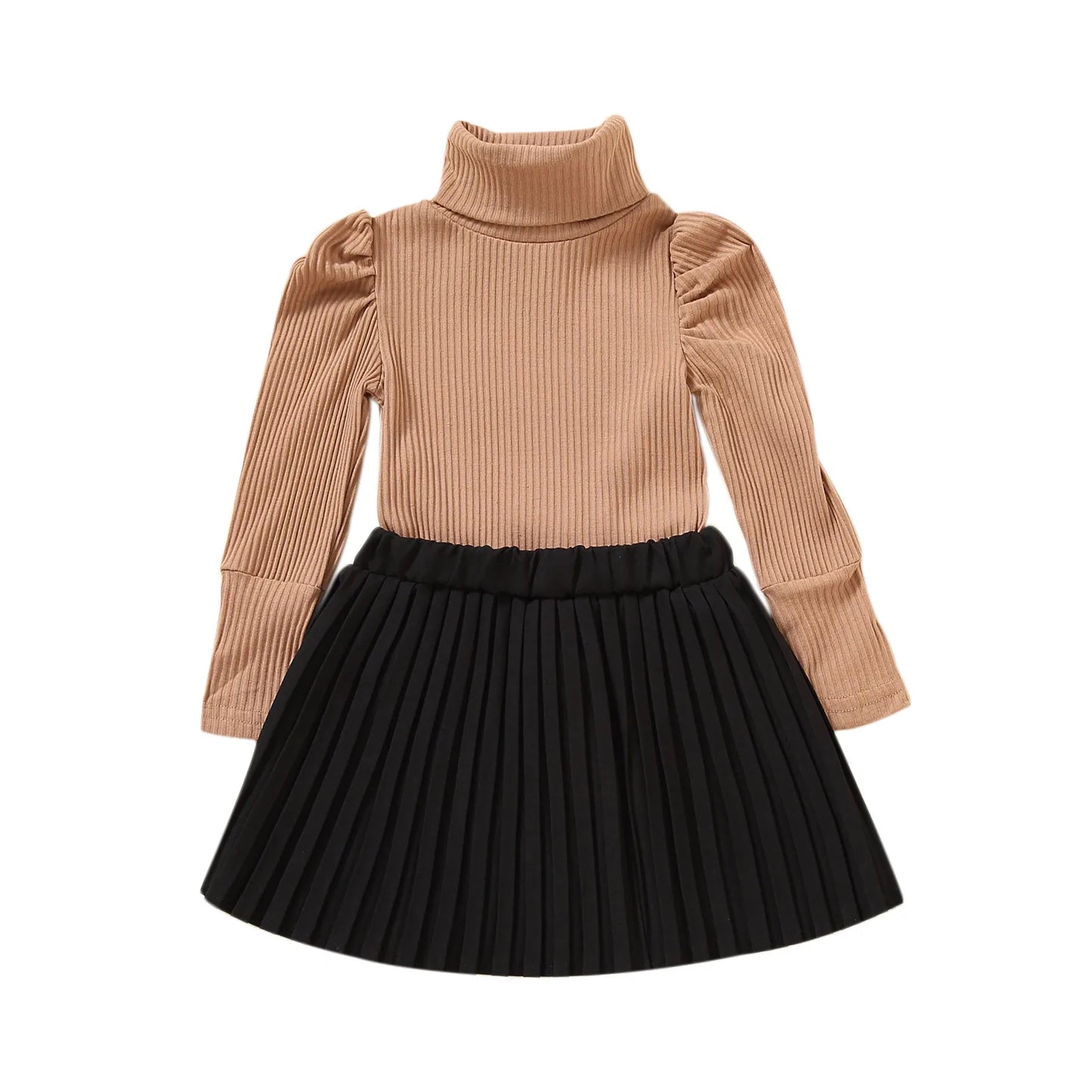 Toddler Baby Girls Casual 2Pcs Clothes Set Solid Turtleneck Knitwear Pleated Skirt Khaki/ White/ Red/ Brown