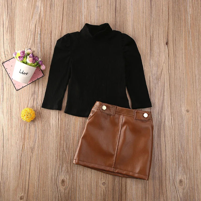 Toddler Baby Girl Autumn Fashion Clothing Set Long Sleeve knitting Black Top Leather Skirt 2Pcs Outftfit