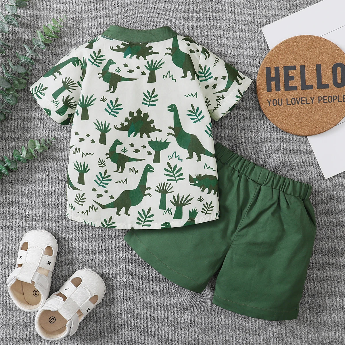 Toddler Boy 2Pcs Summer Outfits Short Sleeve Button Down Shirt Solid Elastic Waist Shorts Set
