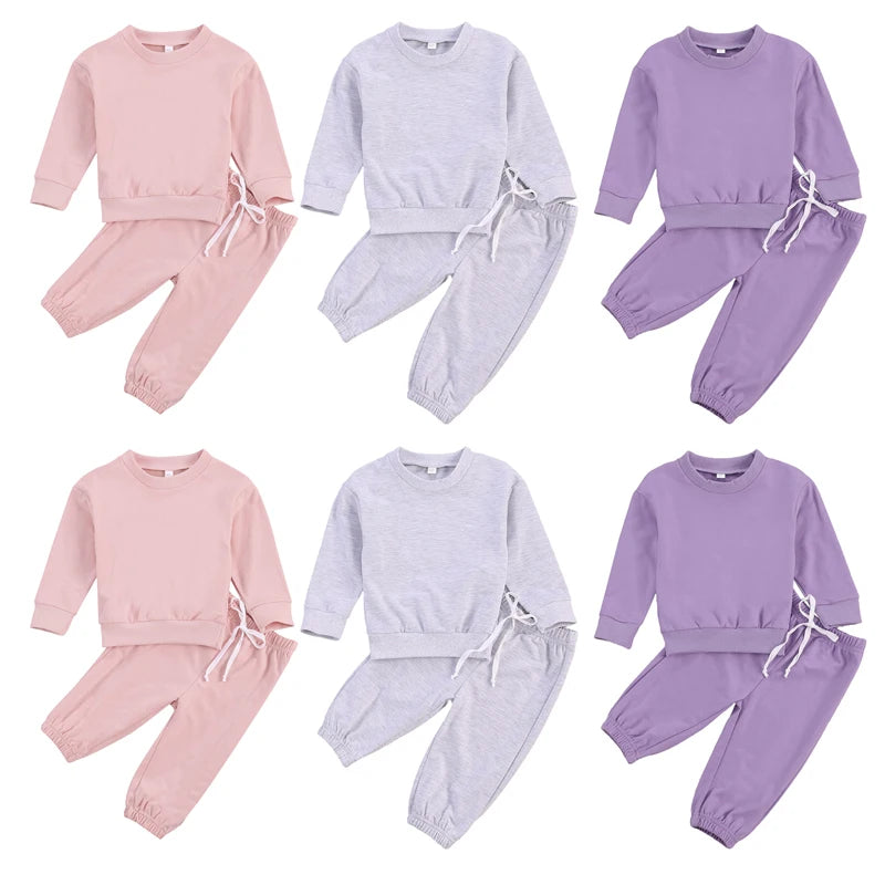 Girl 2Psc Set Kid's Solid Color Crew Neck Long Sleeve Pullover Toddler's Elastic Lace Up Trousers
