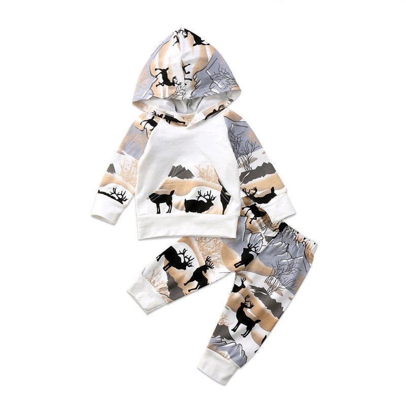 New Fashion Newborn Baby Boys Girl Deer Hooded Tops Sweater Long Pants Outfits Clothes Set