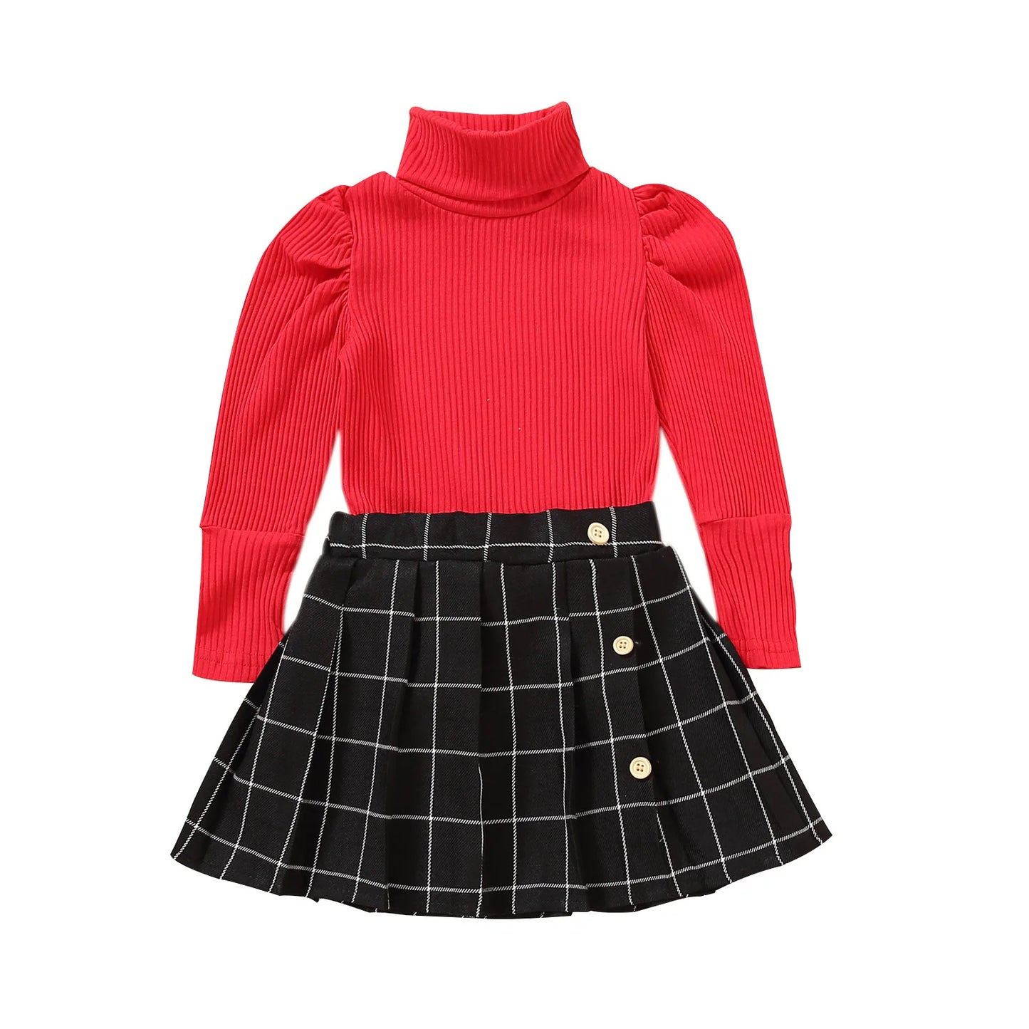 Toddler Baby Girls Casual 2Pcs Clothes Set Solid Turtleneck Knitwear Pleated Skirt Khaki/ White/ Red/ Brown