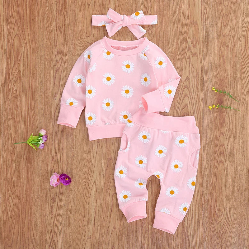 Toddler Newborn Infant Baby Girl Autumn Clothing Set Daisy Printed Cotton Top Long pants 2Pcs Outfits 3Colors