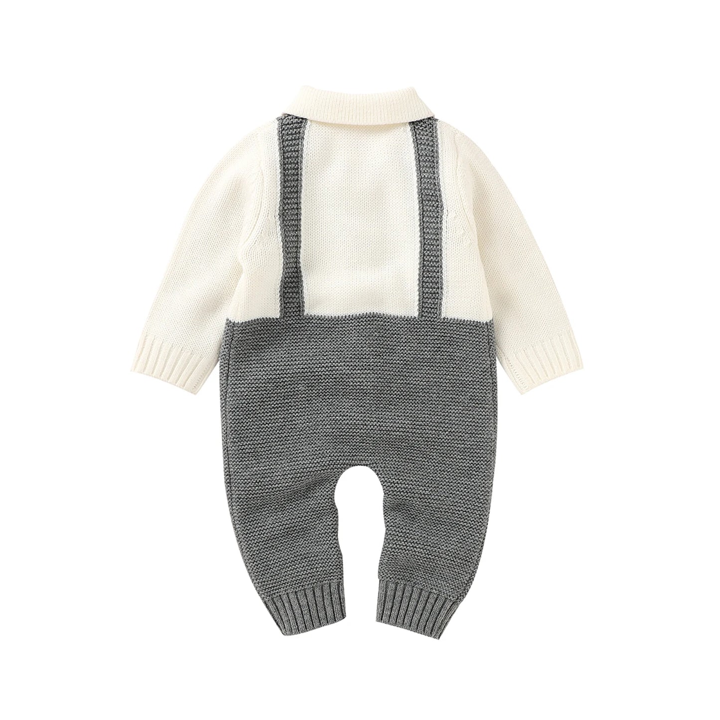 Baby Boys Casual Knitted Romper Turn-down Collar Long Sleeve Button-down Jumpsuit