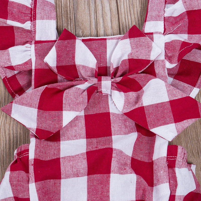 Newborn Infant Kids Baby Girls Summer Off Shoulder Plaid Romper + Plaid Bow
