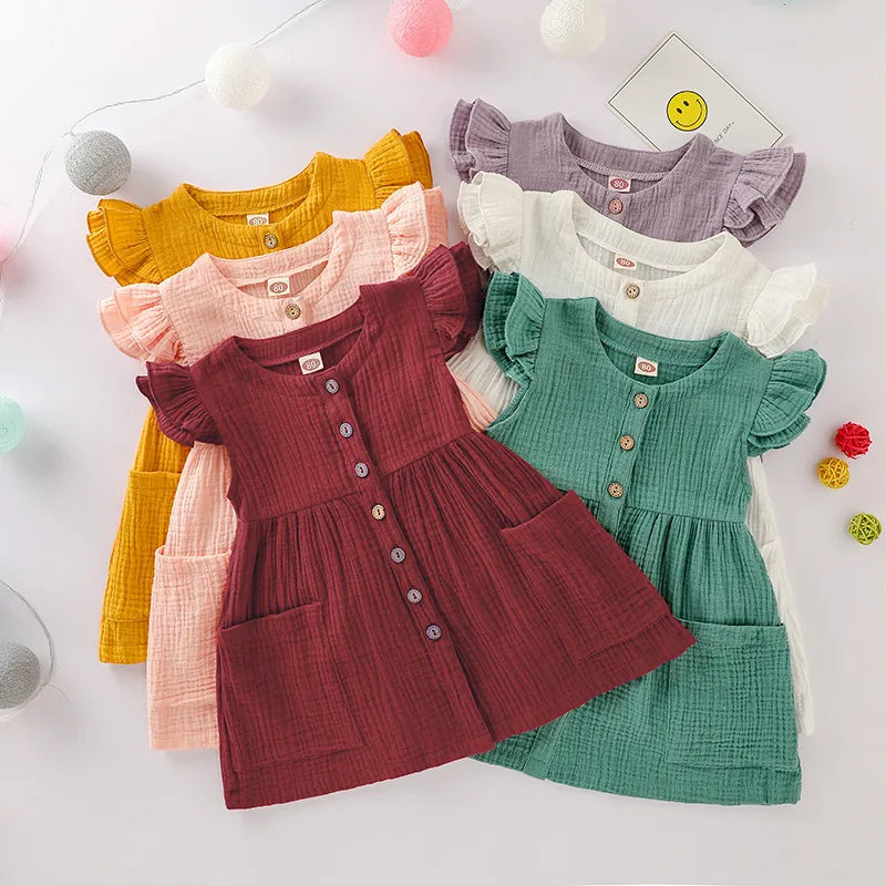 Toddler Kid Baby Girl Summer Dress Ruffles Sleeves Cotton Button Pocket Dress Sundress Clothes