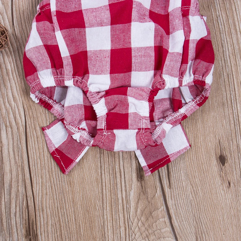 Newborn Infant Kids Baby Girls Summer Off Shoulder Plaid Romper + Plaid Bow