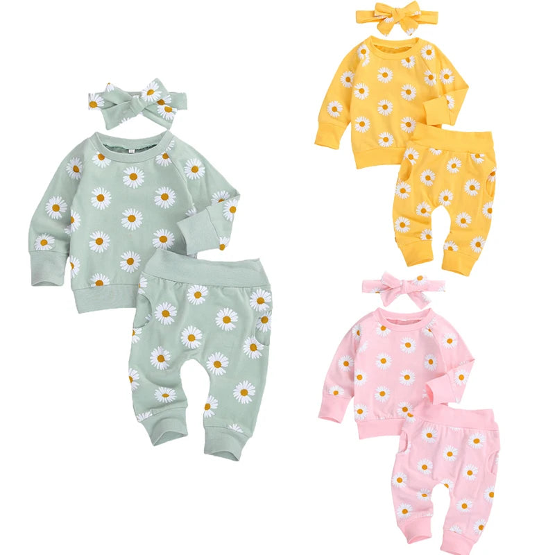 Toddler Newborn Infant Baby Girl Autumn Clothing Set Daisy Printed Cotton Top Long pants 2Pcs Outfits 3Colors