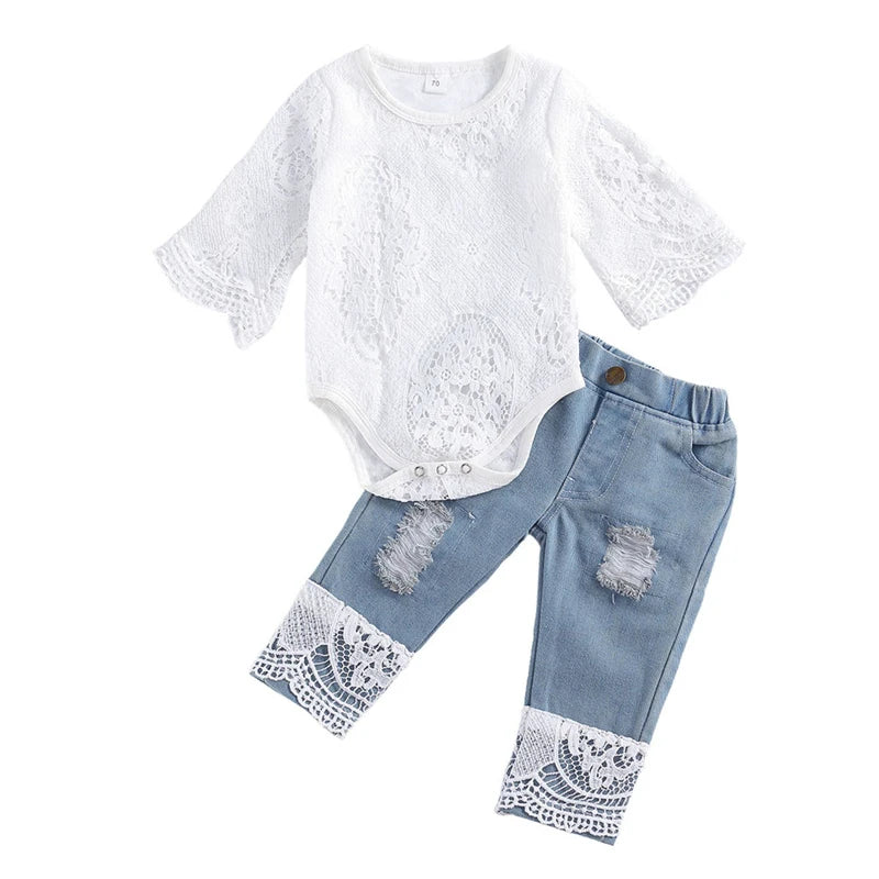 Baby Girls Fall Clothes Long Sleeve Lace Romper Suit Triangle Crotch Lace Top Hole Long Jeans 2Pcs Outfit