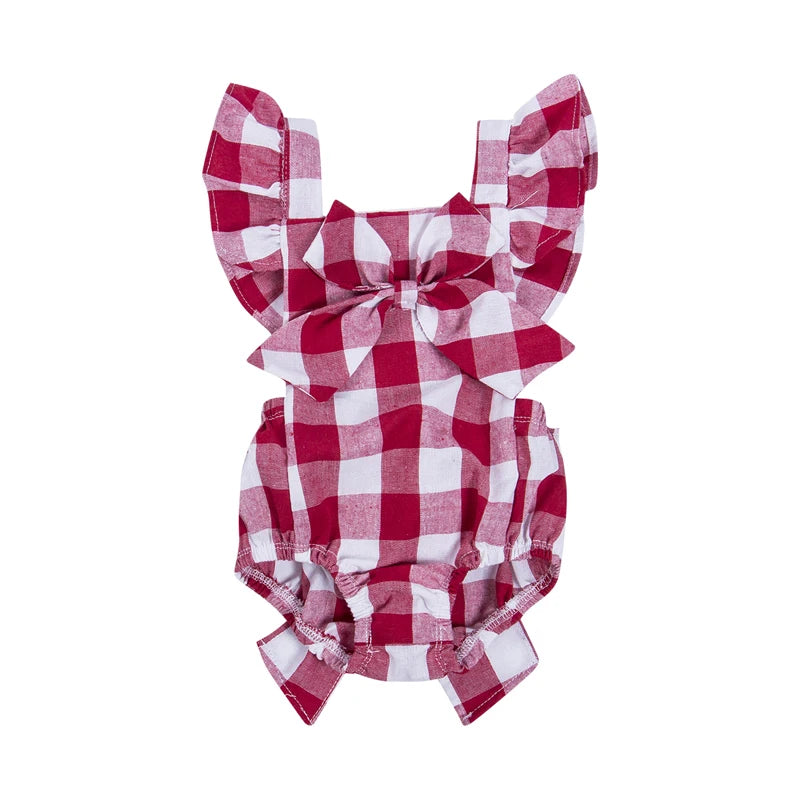 Newborn Infant Kids Baby Girls Summer Off Shoulder Plaid Romper + Plaid Bow